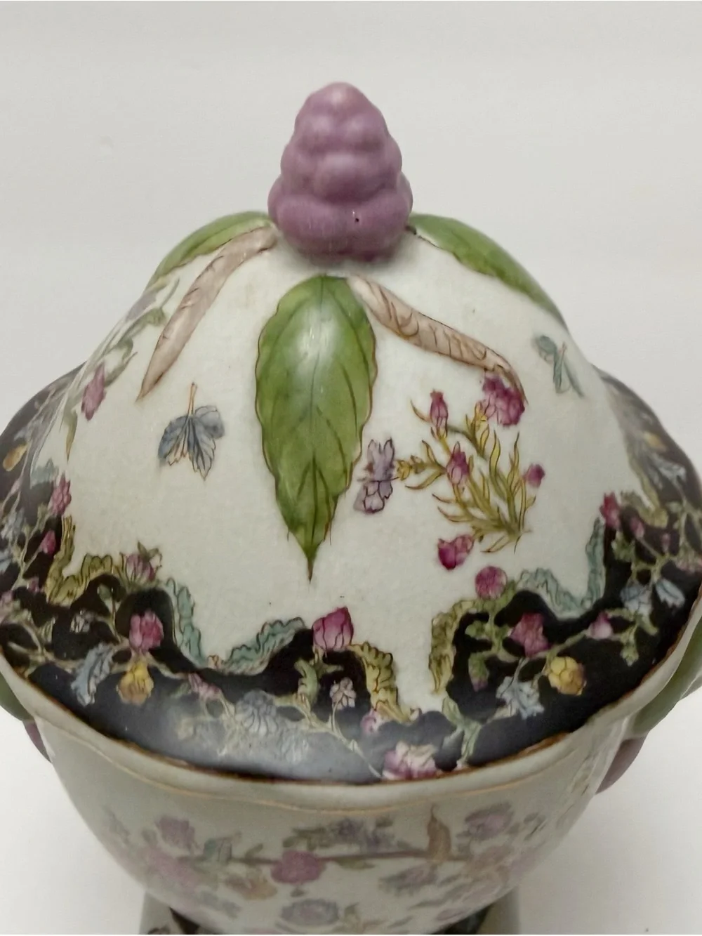 Vintage Chinese Floral Porcelain Lidded Pedestal Footed Small Urn Crackle Finish